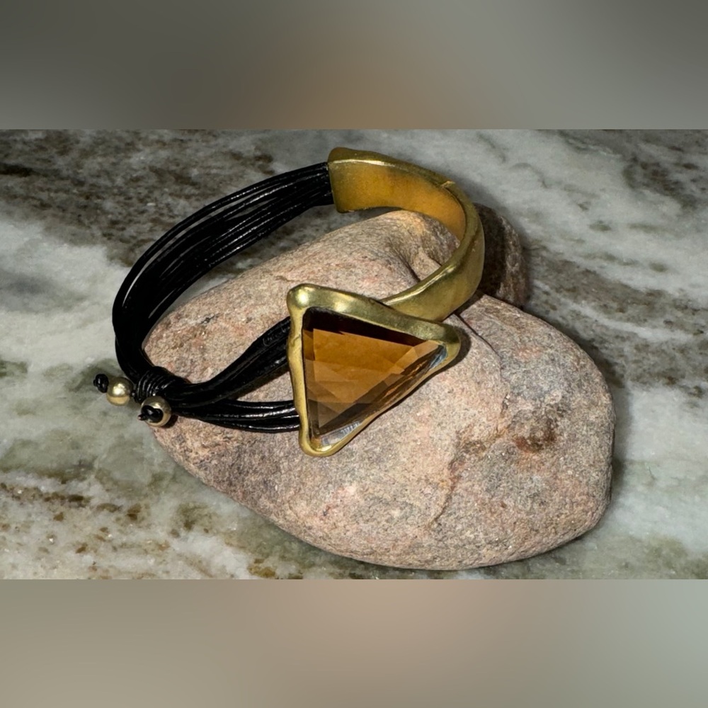 Black Leather Cord and Gold Metal Triangle Bracelet